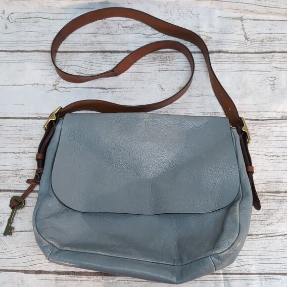 Fossil Leather Light Blue Seaglass Green Harper Crossbody Bag Large - Flawed - Picture 1 of 9